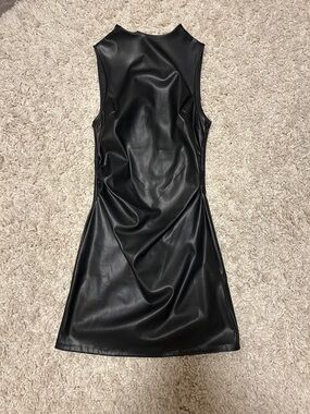 faux leather and lace dress Lace Back Fastening Women Hot Mini Faux Leather Dress M / Black main image 1
